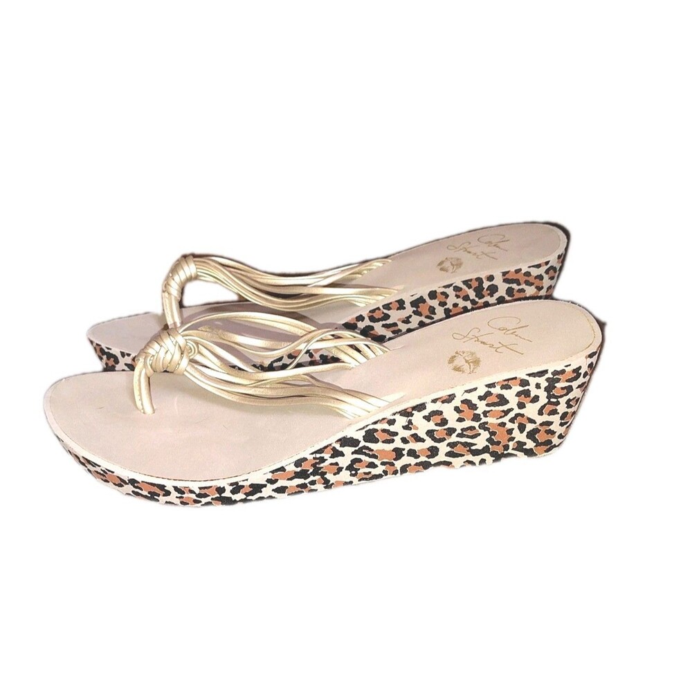 Colin Stuart Y2K Leopard Wedge Sandals Gold Multi Strap Thong Flip Flop...